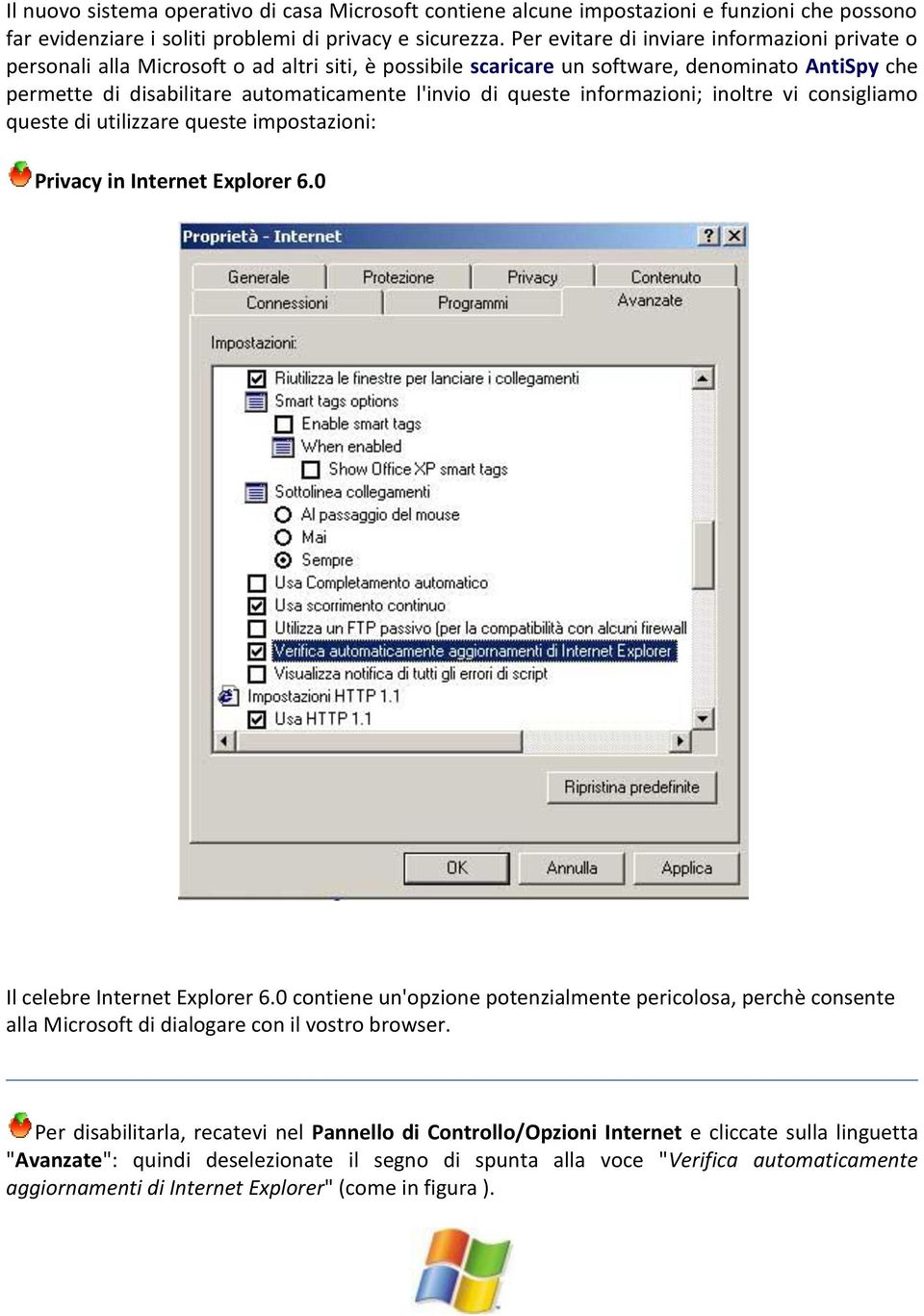 queste informazioni; inoltre vi consigliamo queste di utilizzare queste impostazioni: Privacy in Internet Explorer 6.0 Il celebre Internet Explorer 6.