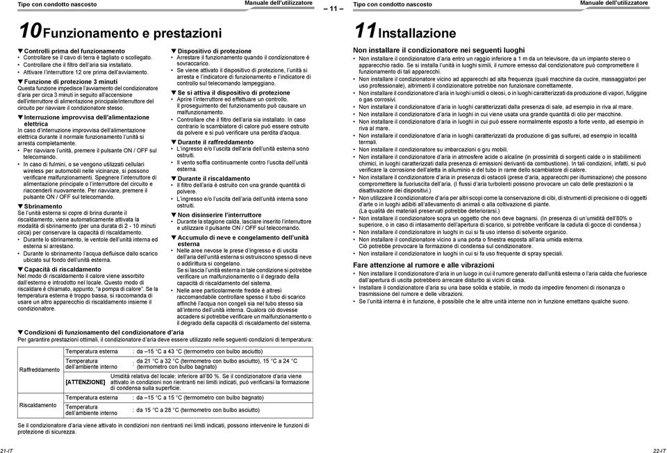 Funzione di protezione 3 minuti Questa funzione impedisce l avviamento del condizionatore d aria per circa 3 minuti in seguito all accensione dell interruttore di alimentazione