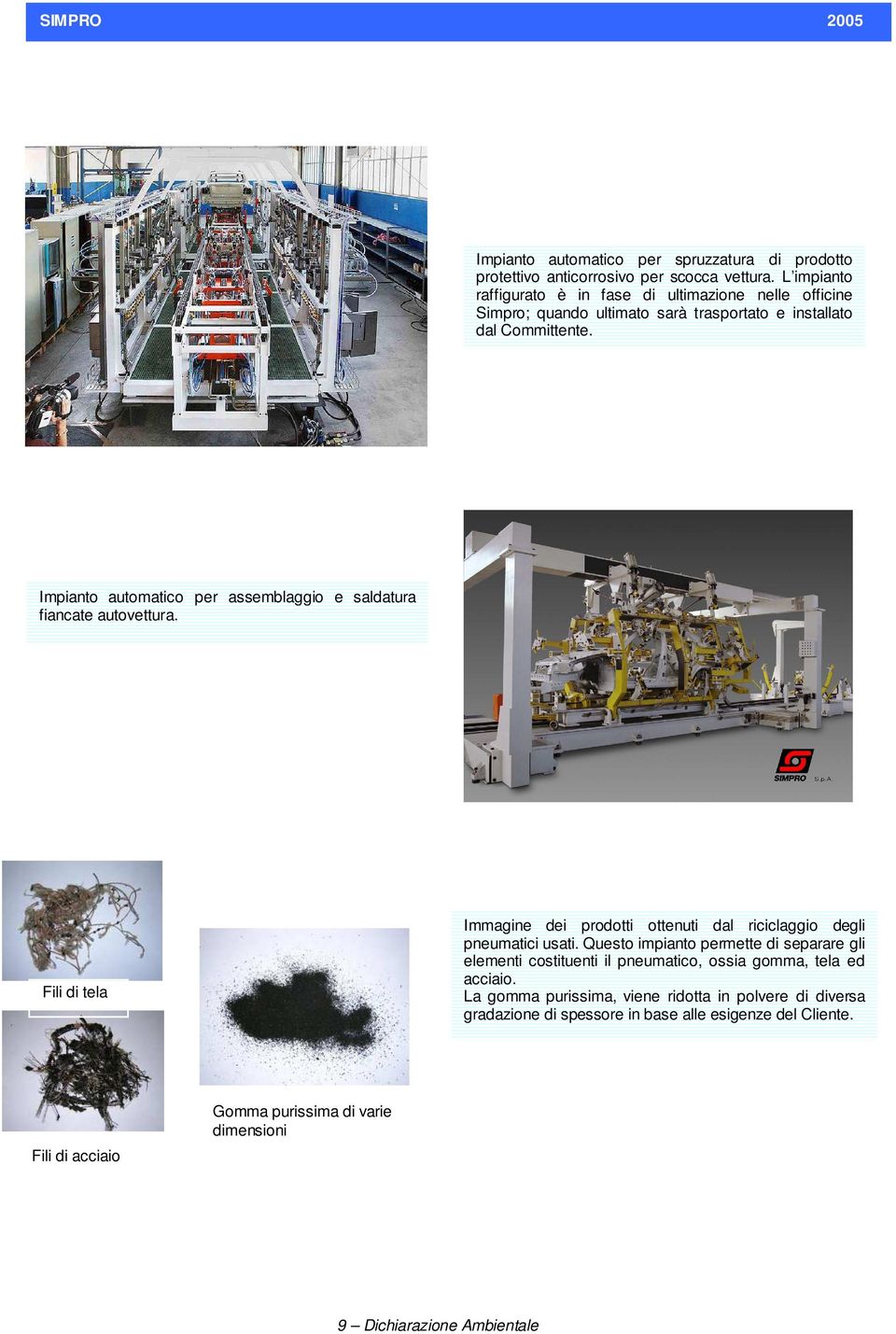 Impianto automatico per assemblaggio e saldatura fiancate autovettura. Fili di tela Immagine dei prodotti ottenuti dal riciclaggio degli pneumatici usati.