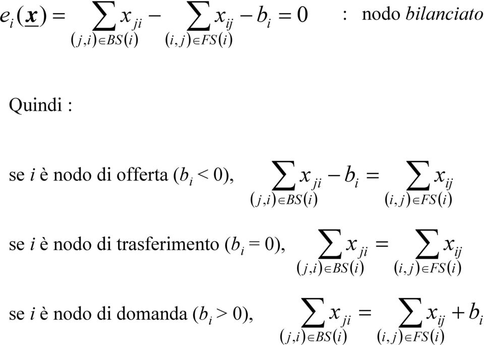 ( i) se i è nodo di trasferimento (b i = 0), x ji = xij ( j, i) BS ( i) ( i, j ) FS