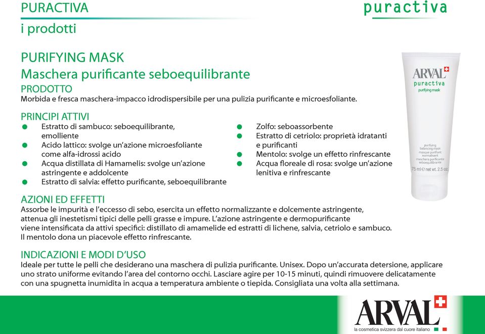 Estratto di salvia: effetto purificante, seboequilibrante Zolfo: seboassorbente e purificanti Estratto di cetriolo: proprietà idratanti Mentolo: svolge un effetto rinfrescante Acqua floreale di rosa: