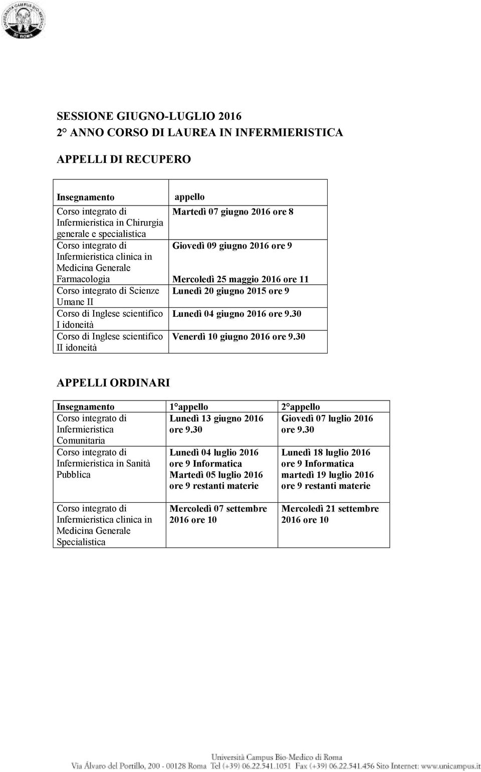 Venerdì 10 giugno 2016 1 appello 2 appello Infermieristica Comunitaria Lunedì 13 giugno 2016 Infermieristica in Sanità Pubblica Lunedì 04 luglio 2016 Informatica Martedì 05 luglio 2016