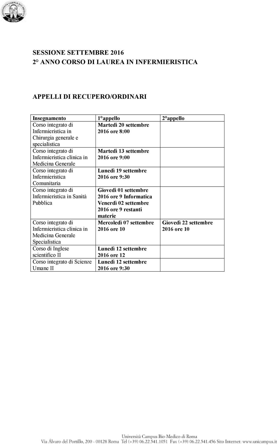 scientifico II Scienze Umane II Martedì 13 settembre 2016 :00 Lunedì 19 settembre 2016 :30 Giovedì 01 settembre 2016 Informatica Venerdì 02