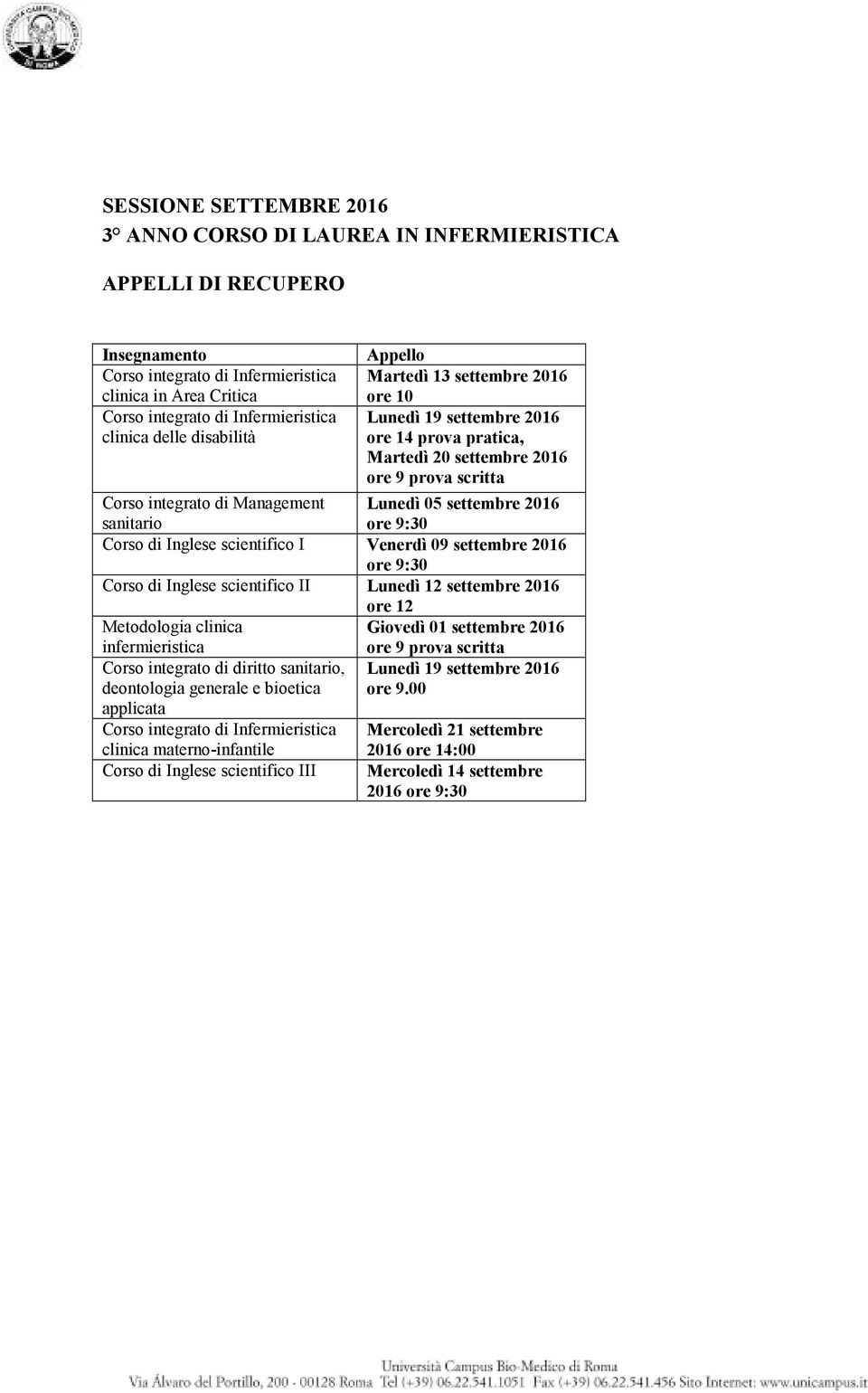 settembre 2016 :30 Corso di Inglese scientifico II Lunedì 12 settembre 2016 ore 12 Metodologia clinica Giovedì 01 settembre 2016 infermieristica diritto sanitario, deontologia generale e