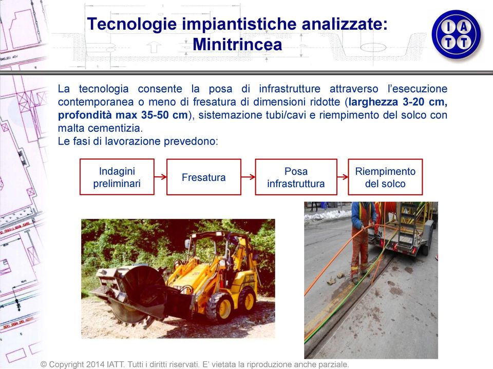 profondità max 35-50 cm), sistemazione tubi/cavi e riempimento del solco con malta cementizia.