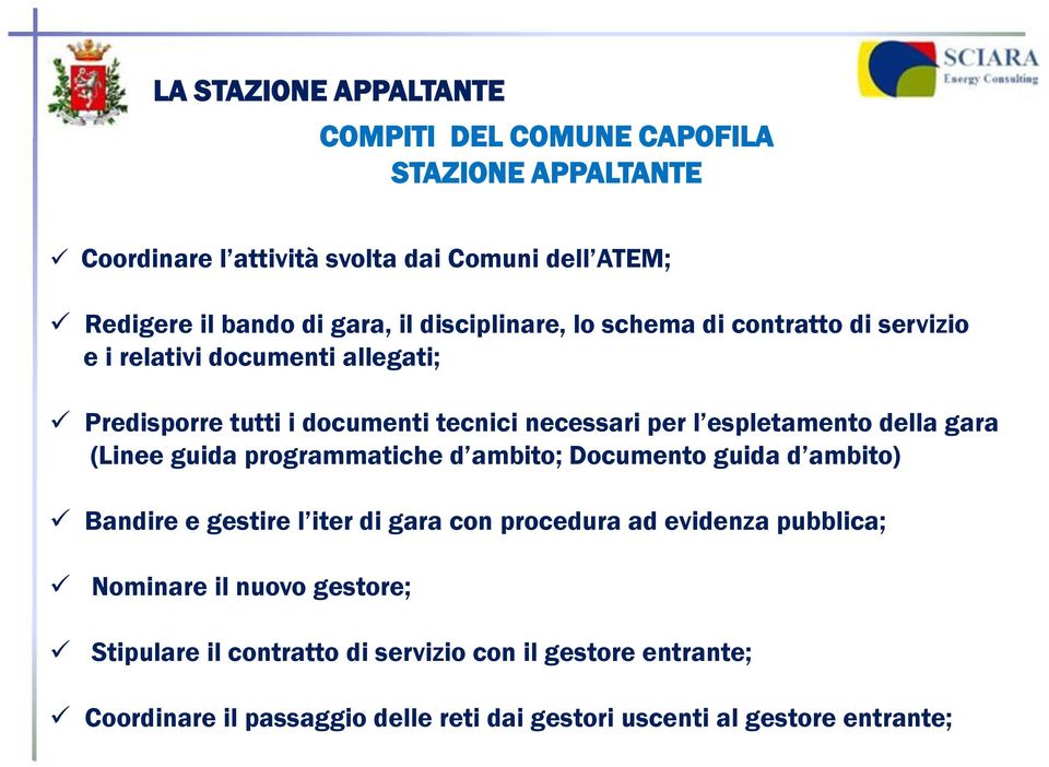 della gara (Linee guida programmatiche d ambito; Documento guida d ambito) Bandire e gestire l iter di gara con procedura ad evidenza pubblica;