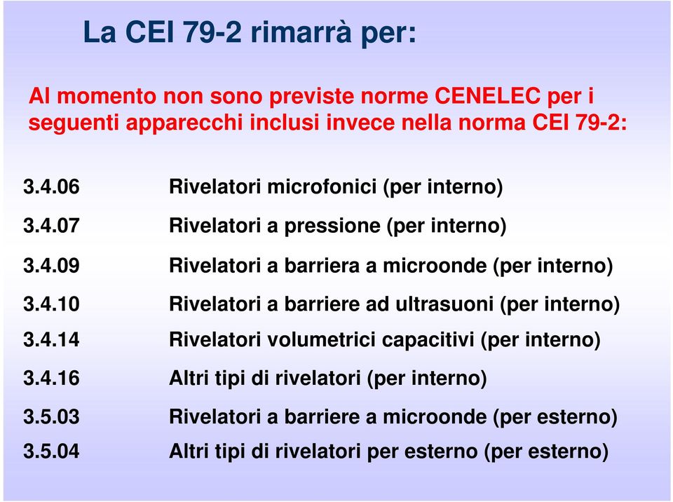 4.10 Rivelatori a barriere ad ultrasuoni (per interno) 3.4.14 Rivelatori volumetrici capacitivi (per interno) 3.4.16 Altri tipi di rivelatori (per interno) 3.