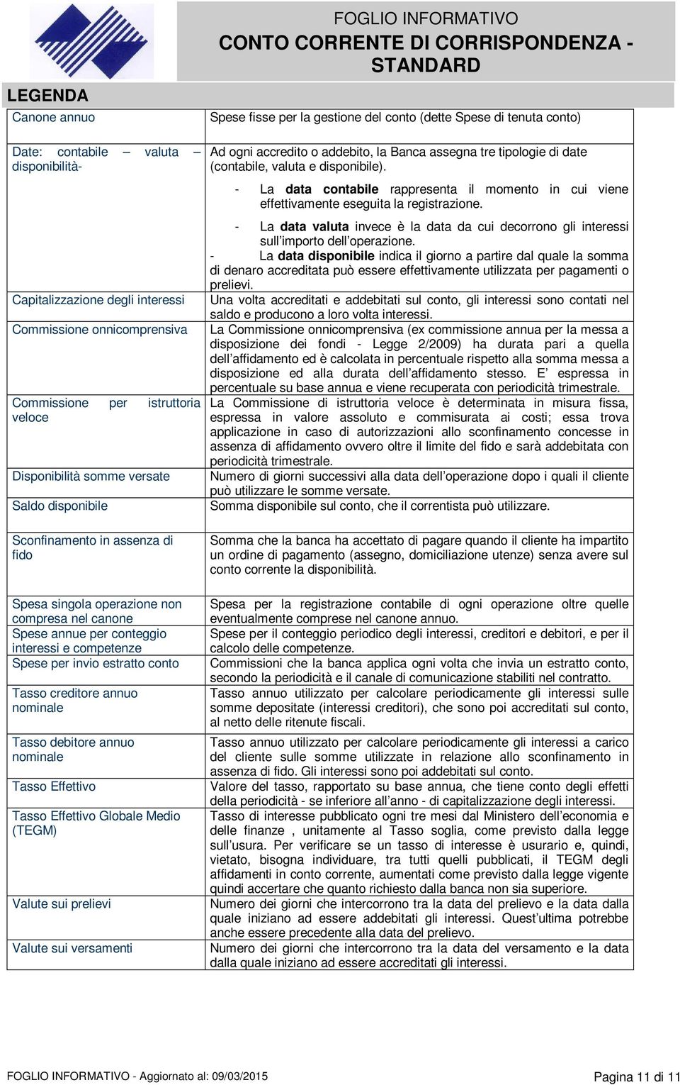 nominale Tasso debitore annuo nominale Tasso Effettivo Tasso Effettivo Globale Medio (TEGM) Valute sui prelievi Valute sui versamenti FOGLIO INFORMATIVO Spese fisse per la gestione del conto (dette