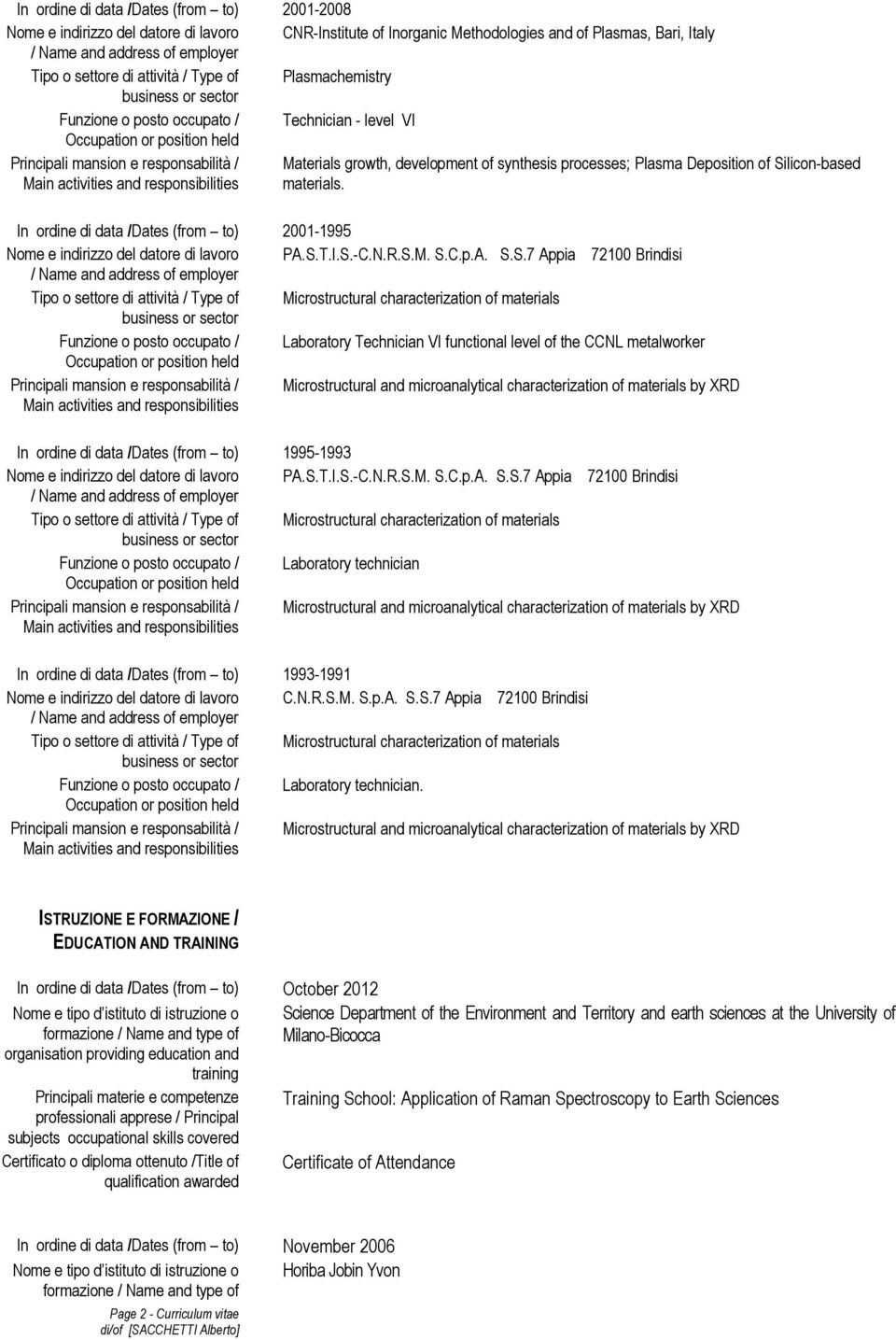 In ordine di data /Dates (from to) 2001-1995 Nome e indirizzo del datore di lavoro PA.S.