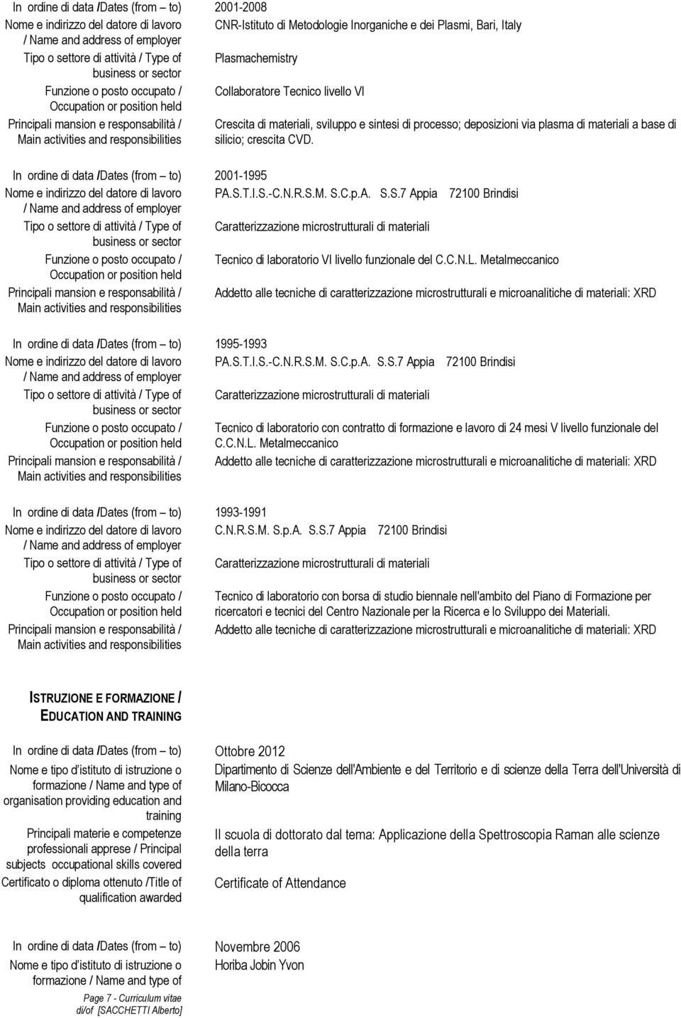 crescita CVD. In ordine di data /Dates (from to) 2001-1995 Nome e indirizzo del datore di lavoro PA.S.