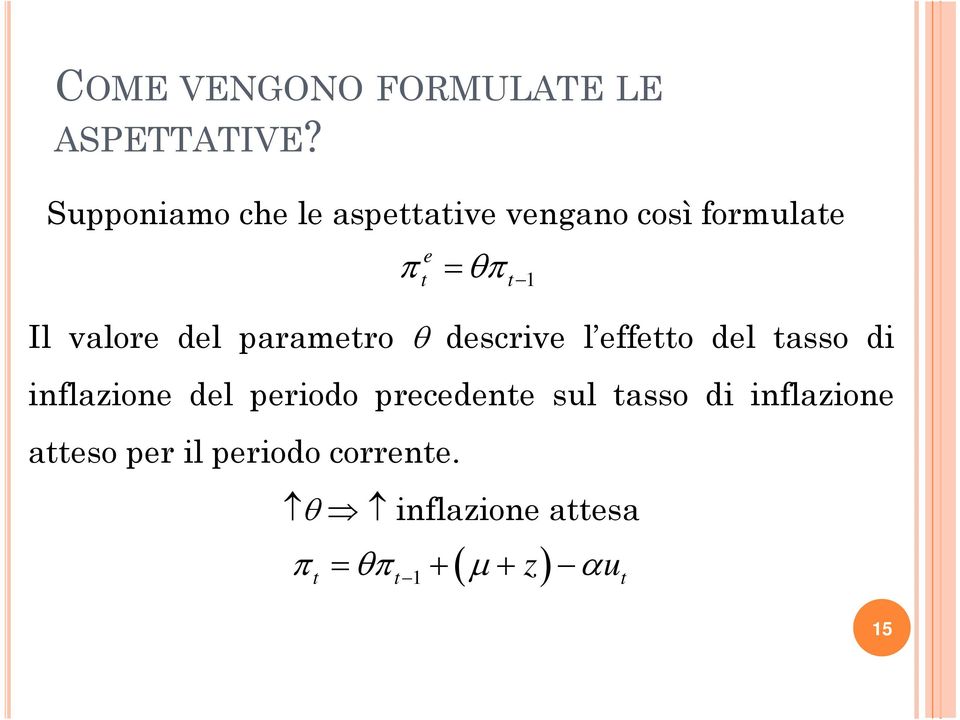 valore del parametro θ descrive l effetto del tasso di inflazione del