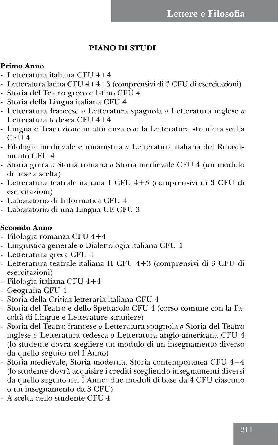 CFU 4 - Filologia medievale e umanistica o Letteratura italiana del Rinascimento CFU 4 - Storia greca o Storia romana o Storia medievale CFU 4 (un modulo di base a scelta) - Letteratura teatrale