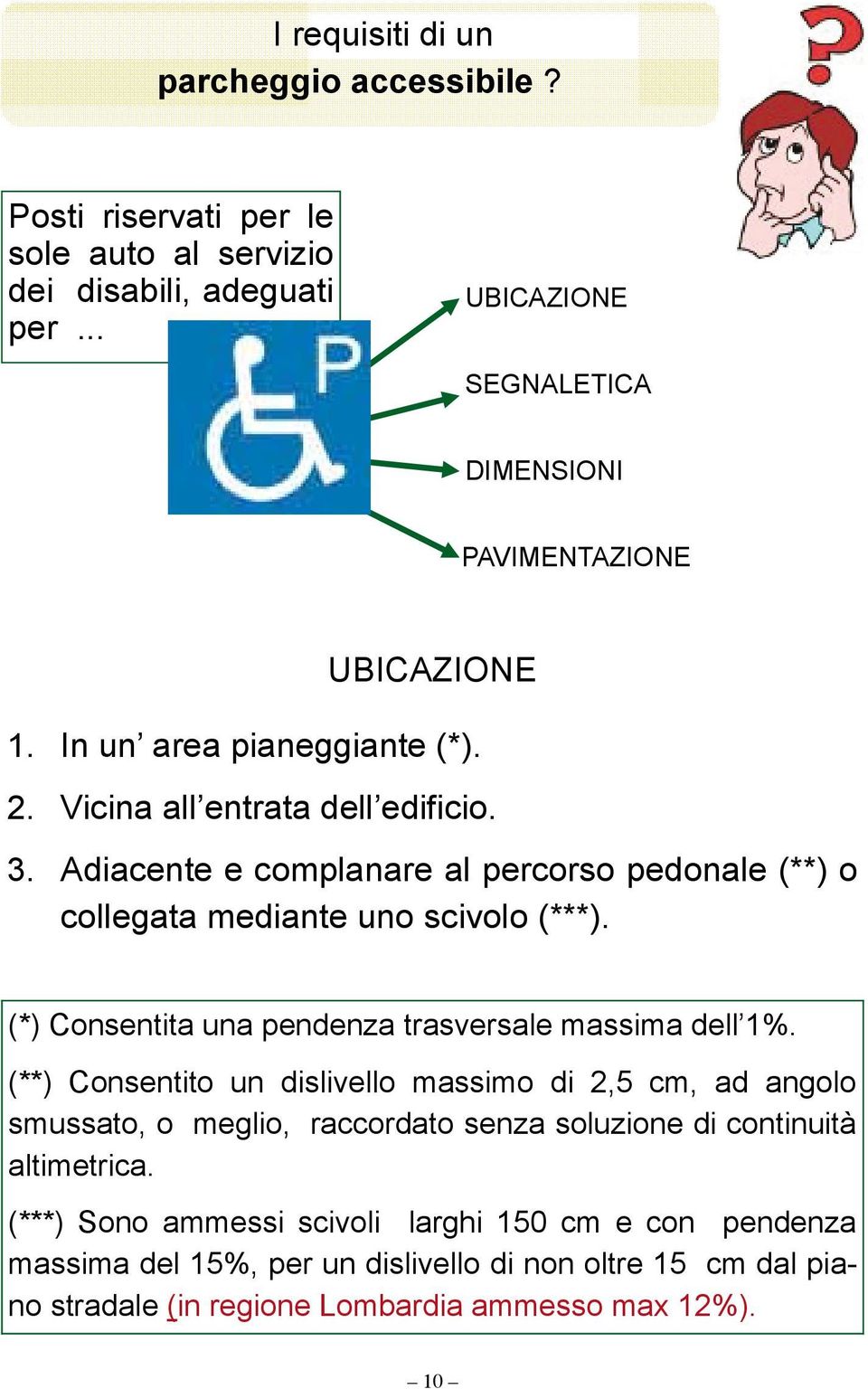 Adiacente e complanare al percorso pedonale (**) o collegata mediante uno scivolo (***). (*) Consentita una pendenza trasversale massima dell 1%.