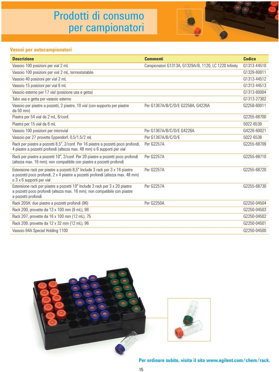 getta) G1313-60004 Tubo usa e getta per vassoio esterno G1313-27302 Vassoio per piastre a pozzetti, 2 piastre, 10 vial (con supporto per piastre Per G1367A/B/C/D/E G2258A, G4226A G2258-60011 da 50