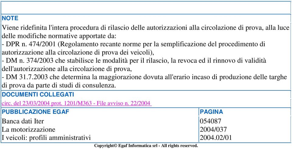 374/2003 che stabilisce le modalità per il rilascio, la revoca ed il rinnovo di validità dell'autorizzazione alla circolazione di prova, - DM 31.7.2003 che determina la maggiorazione dovuta all'erario incaso di produzione delle targhe di prova da parte di studi di consulenza.