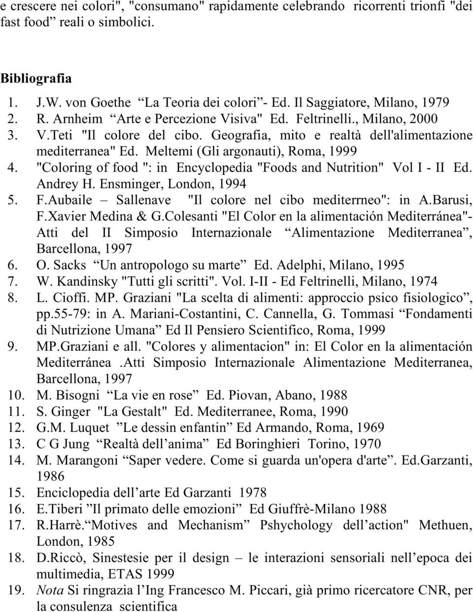 Meltemi (Gli argonauti), Roma, 1999 4. "Coloring of food ": in Encyclopedia "Foods and Nutrition" Vol I - II Ed. Andrey H. Ensminger, London, 1994 5. F.