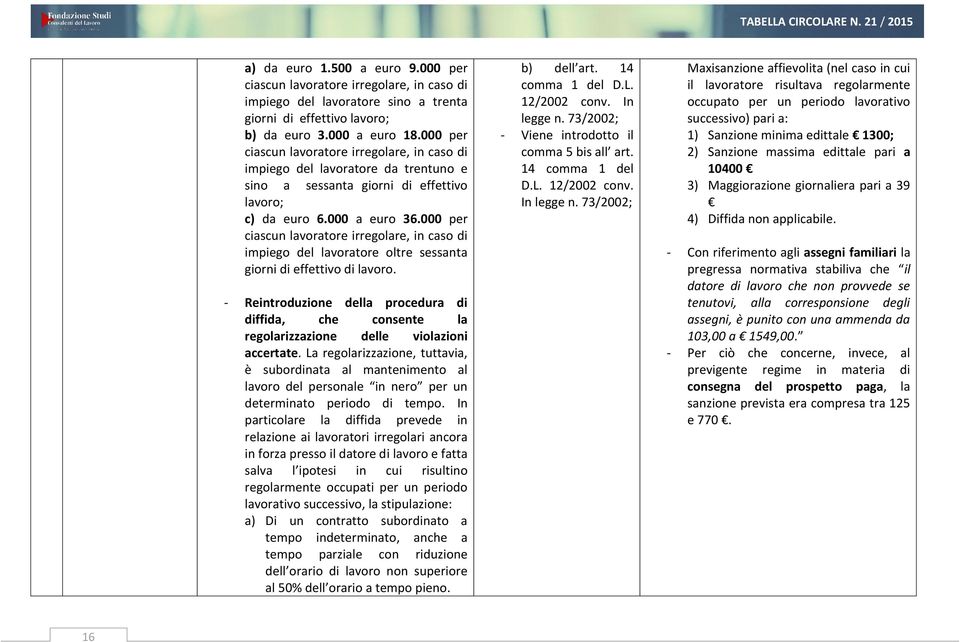 000 per ciascun lavoratore irregolare, in caso di impiego del lavoratore oltre sessanta giorni di effettivo di lavoro.