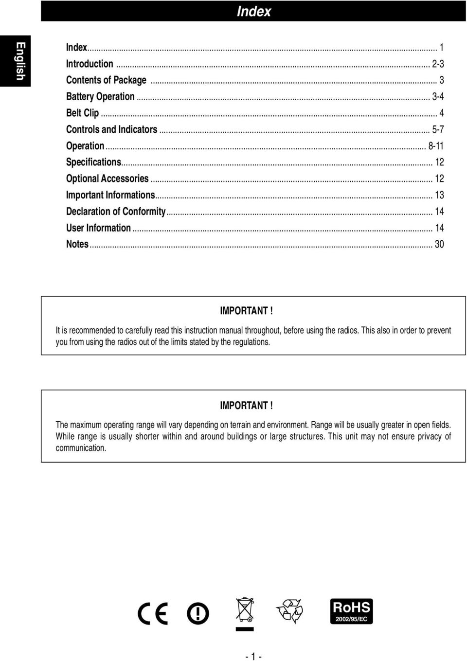 It is recommended to carefully read this instruction manual throughout, before using the radios. This also in order to prevent you from using the radios out of the limits stated by the regulations.