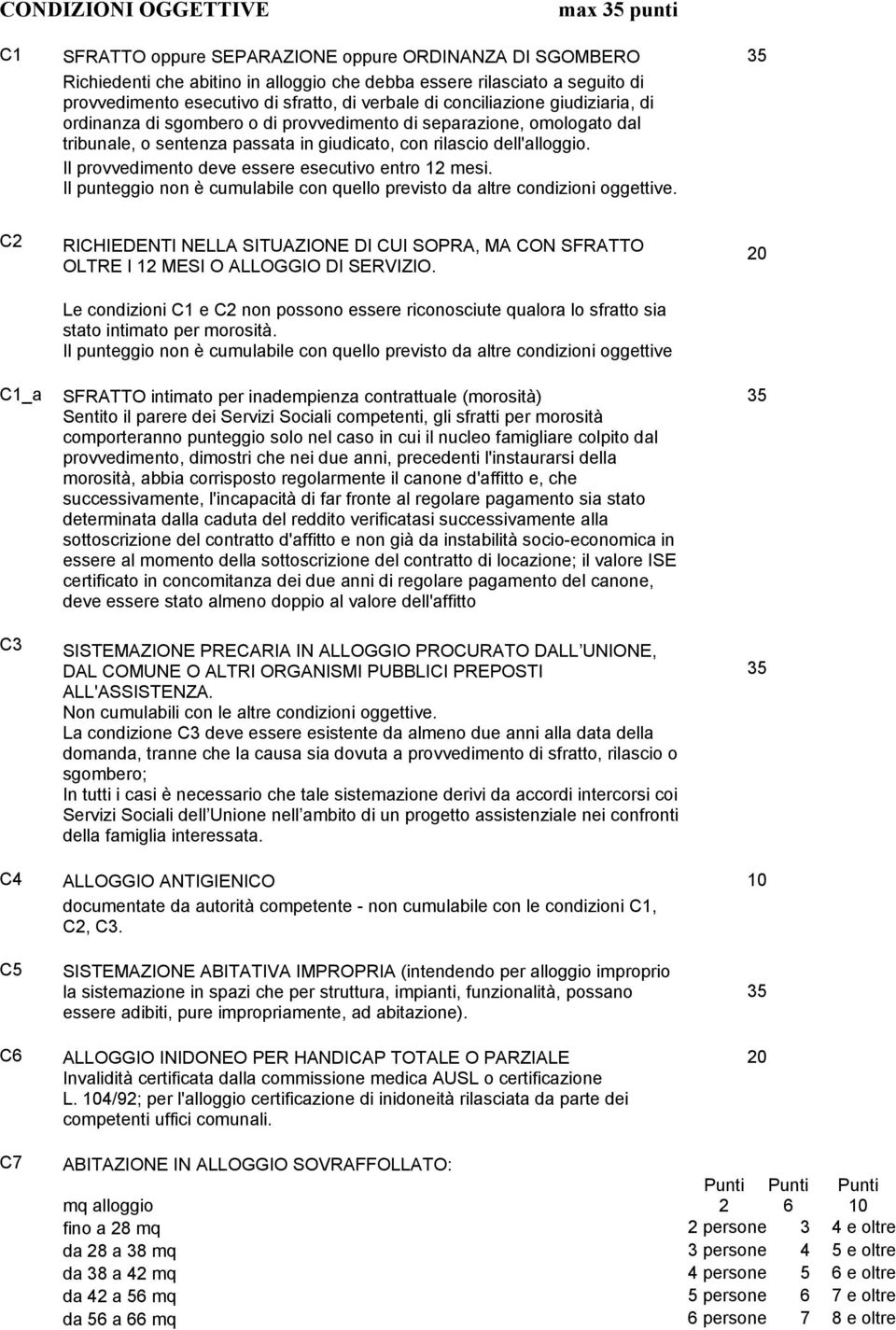 Il provvedimento deve essere esecutivo entro 12 mesi. Il punteggio non è cumulabile con quello previsto da altre condizioni oggettive.