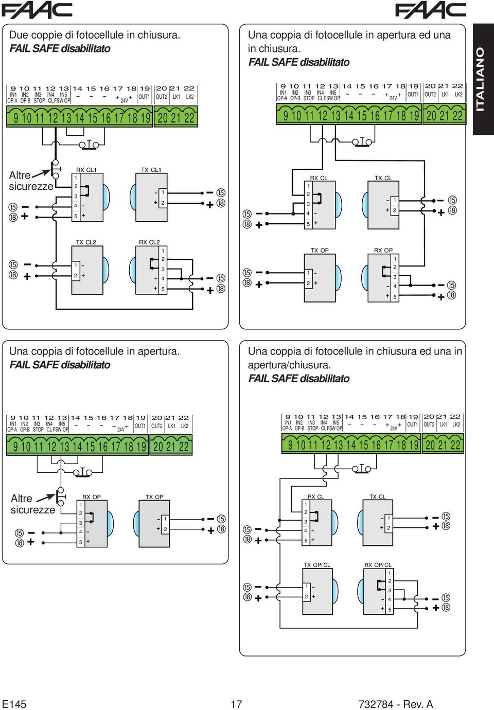 FAIL SAFE disabilitato 9 0 3 4 5 6 7 8 9 0 IN IN IN3 IN4 IN5 - - - + + OUT OUT LK LK OP-A OP-B STOP CL FSW OP 4V 9 0 3 4 5 6 7 8 9 0 Altre sicurezze + RX CL 3 4 5 TX CL + + RX CL 3 4 5 TX CL + + TX