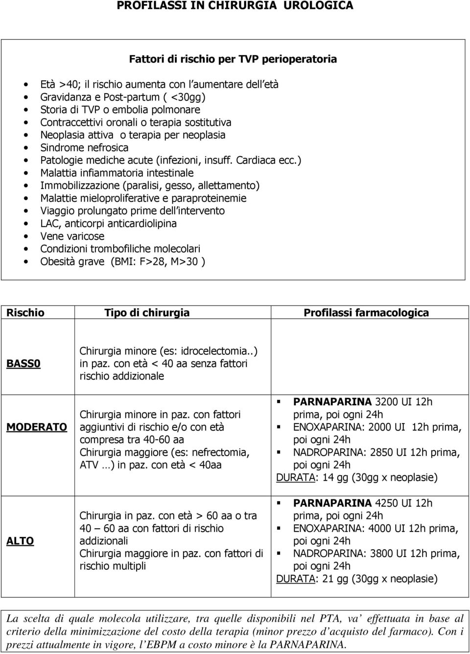 ) Malattia infiammatoria intestinale Immobilizzazione (paralisi, gesso, allettamento) Malattie mieloproliferative e paraproteinemie Viaggio prolungato prime dell intervento LAC, anticorpi