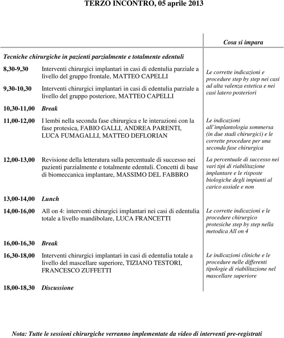 by step nei casi ad alta valenza estetica e nei casi latero posteriori 10,30-11,00 Break 11,00-12,00 I lembi nella seconda fase chirurgica e le interazioni con la fase protesica, FABIO GALLI, ANDREA