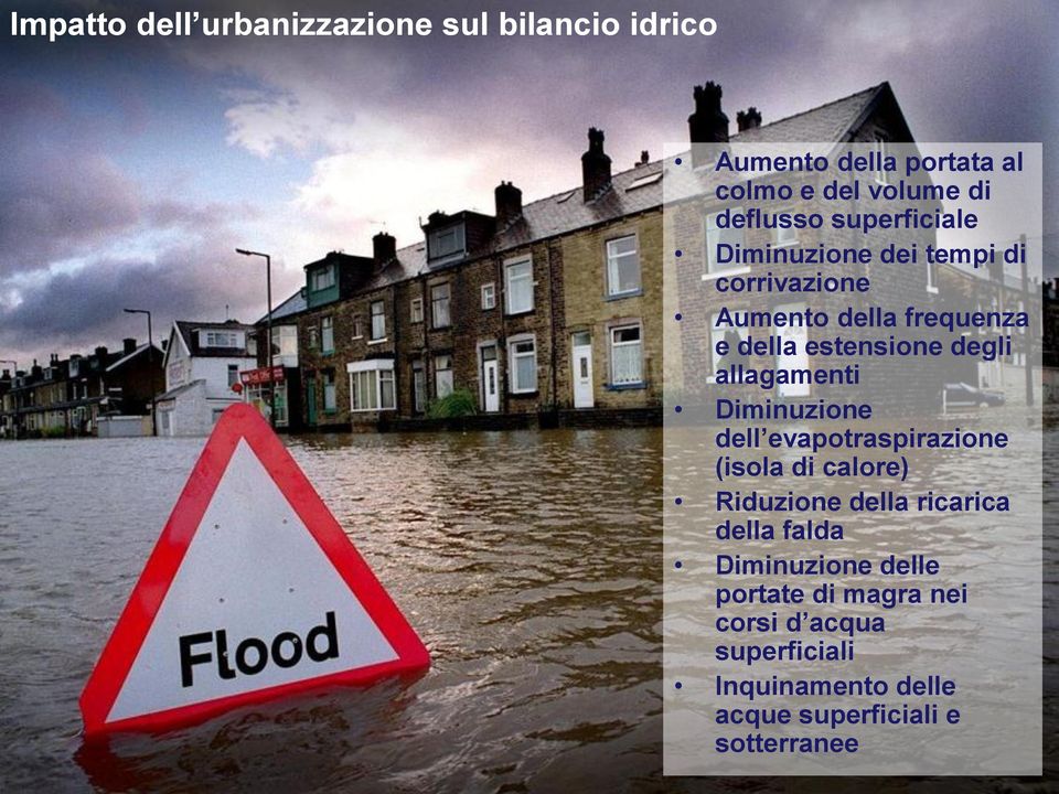 allagamenti Diminuzione dell evapotraspirazione (isola di calore) Riduzione della ricarica della falda