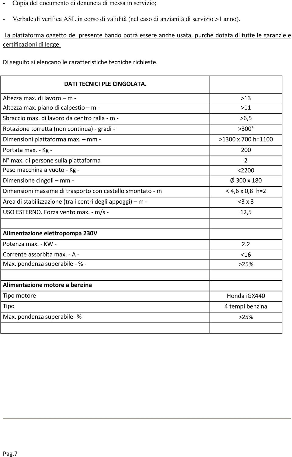 di lavoro da centro ralla - m - >6,5 Rotazione torretta (non continua) - gradi - >300 Dimensioni piattaforma max. mm - >1300 x 700 h=1100 Portata max. - Kg - 200 N max.