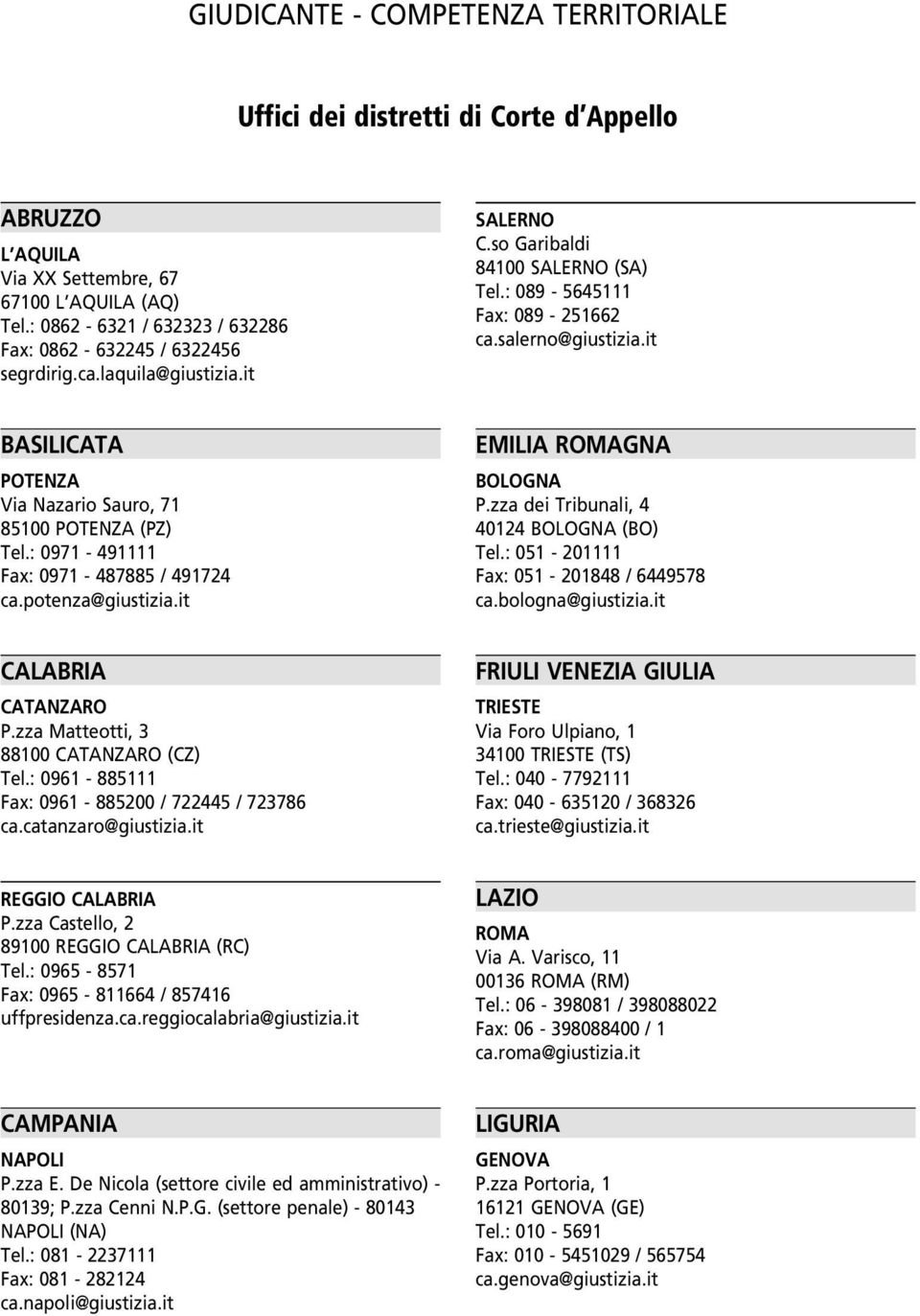 it BASILICATA POTENZA Via Nazario Sauro, 71 85100 POTENZA (PZ) Tel.: 0971-491111 Fax: 0971-487885 / 491724 ca.potenza@giustizia.it EMILIA ROMAGNA BOLOGNA P.zza dei Tribunali, 4 40124 BOLOGNA (BO) Tel.