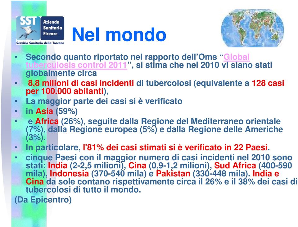 000 abitanti), La maggior parte dei casi si è verificato in Asia (59%) e Africa (26%), seguite dalla Regione del Mediterraneo orientale (7%), dalla Regione europea (5%) e dalla Regione delle Americhe