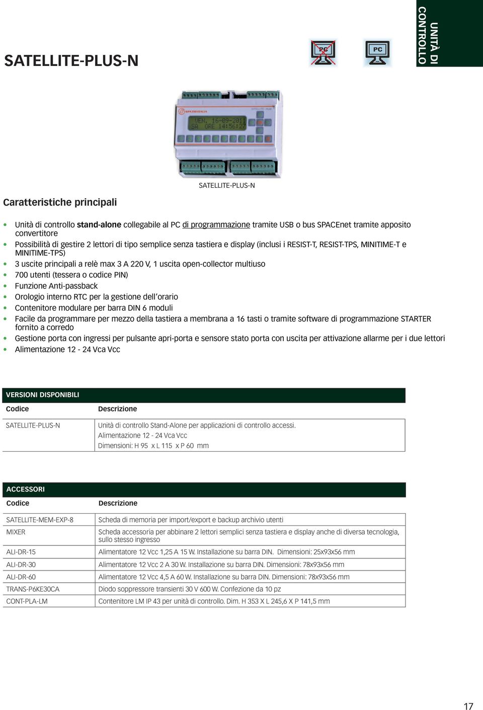 (tessera o codice PIN) Funzione Anti-passback Orologio interno RTC per la gestione dell orario Contenitore modulare per barra DIN 6 moduli Facile da programmare per mezzo della tastiera a membrana a