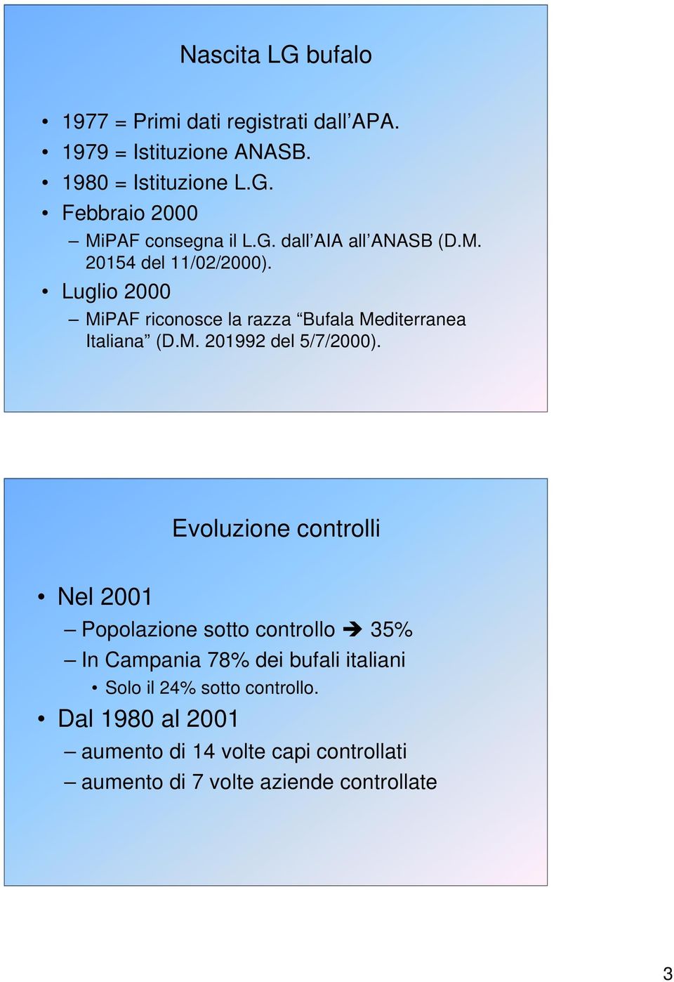 Evoluzione controlli Nel 2001 Popolazione sotto controllo 35% In Campania 78% dei bufali italiani Solo il 24% sotto controllo.