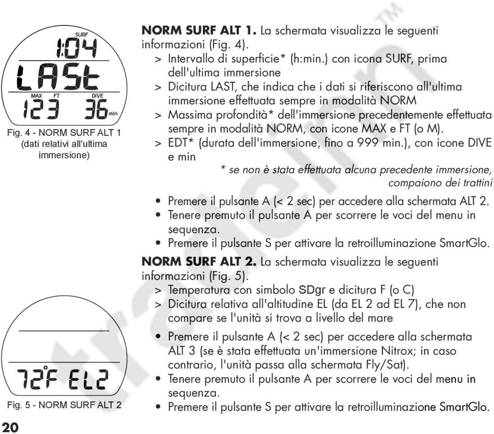 ) con icona SURF, prima dell'ultima immersione > Dicitura LAST, che indica che i dati si riferiscono all'ultima immersione effettuata sempre in modalità NORM > Massima profondità* dell'immersione