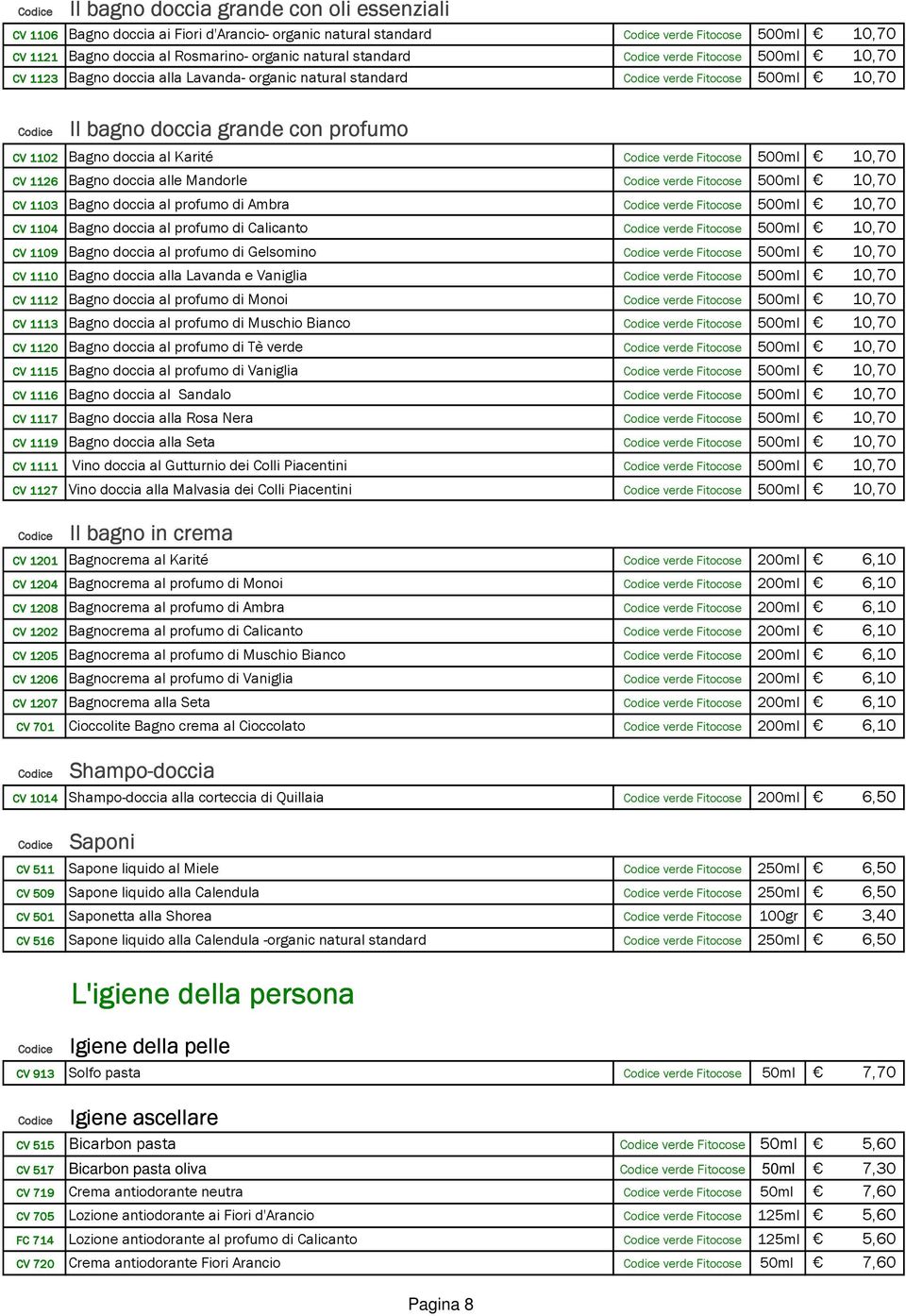 500ml 10,70 CV 1126 Bagno doccia alle Mandorle verde Fitocose 500ml 10,70 CV 1103 Bagno doccia al profumo di Ambra verde Fitocose 500ml 10,70 CV 1104 Bagno doccia al profumo di Calicanto verde