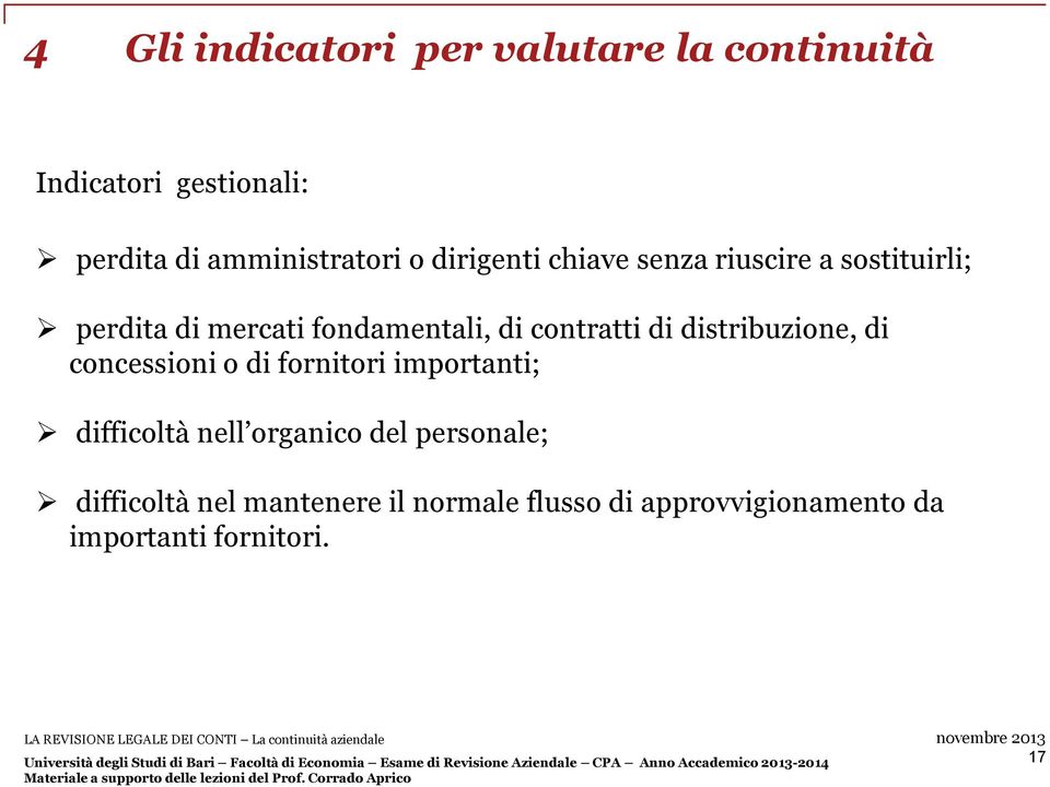 di distribuzione, di concessioni o di fornitori importanti; difficoltà nell organico del