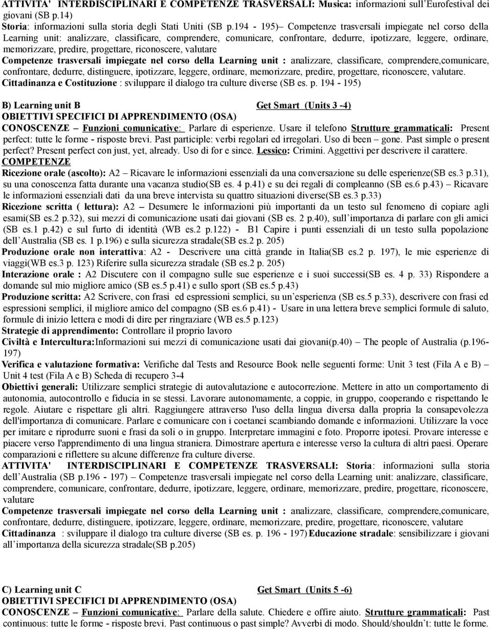 progettare, riconoscere, valutare Competenze trasversali impiegate nel corso della Learning unit : analizzare, classificare, comprendere,comunicare, confrontare, dedurre, distinguere, ipotizzare,