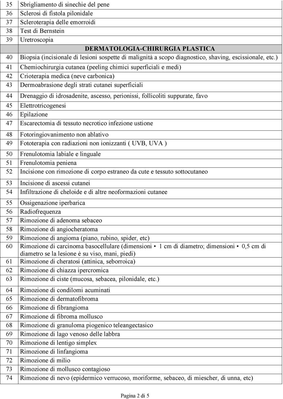 ) 41 Chemiochirurgia cutanea (peeling chimici superficiali e medi) 42 Crioterapia medica (neve carbonica) 43 Dermoabrasione degli strati cutanei superficiali 44 Drenaggio di idrosadenite, ascesso,