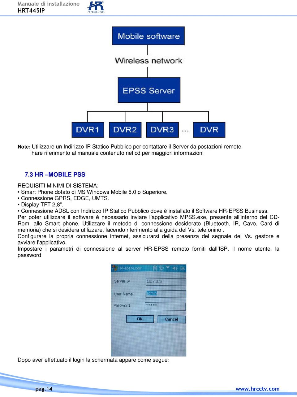 Connessione ADSL con Indirizzo IP Statico Pubblico dove è installato il Software HR-EPSS Business. Per poter utilizzare il software è necessario inviare l applicativo MPSS.