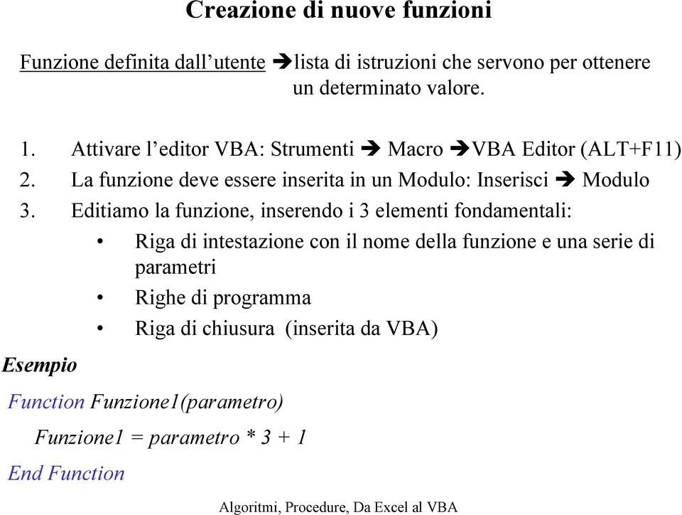 Editiamo la funzione, inserendo i 3 elementi fondamentali: Esempio Riga di intestazione con il nome della funzione e una serie di