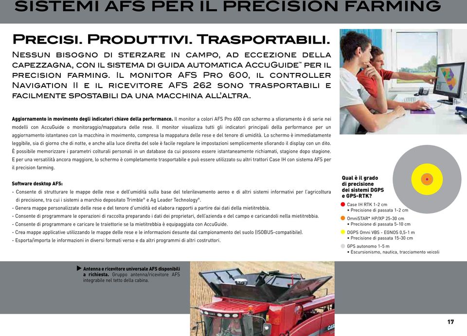 Il monitor AFS Pro 600, il controller Navigation II e il ricevitore AFS 262 sono trasportabili e facilmente spostabili da una macchina all altra.