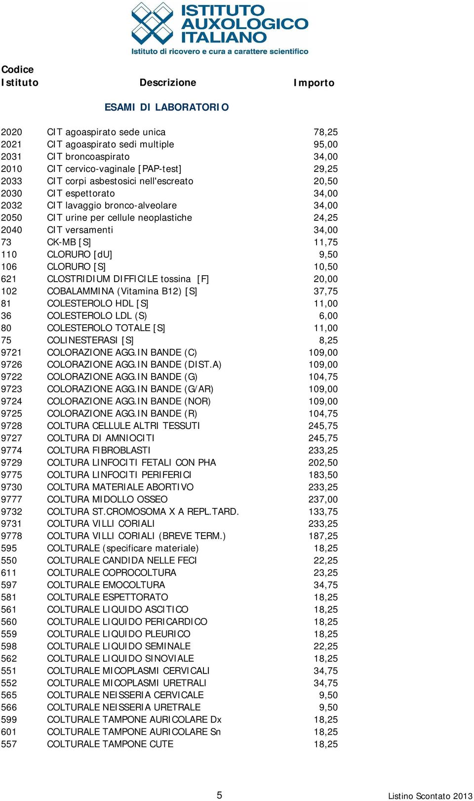 10,50 621 CLOSTRIDIUM DIFFICILE tossina [F] 20,00 102 COBALAMMINA (Vitamina B12) [S] 37,75 81 COLESTEROLO HDL [S] 11,00 36 COLESTEROLO LDL (S) 6,00 80 COLESTEROLO TOTALE [S] 11,00 75 COLINESTERASI