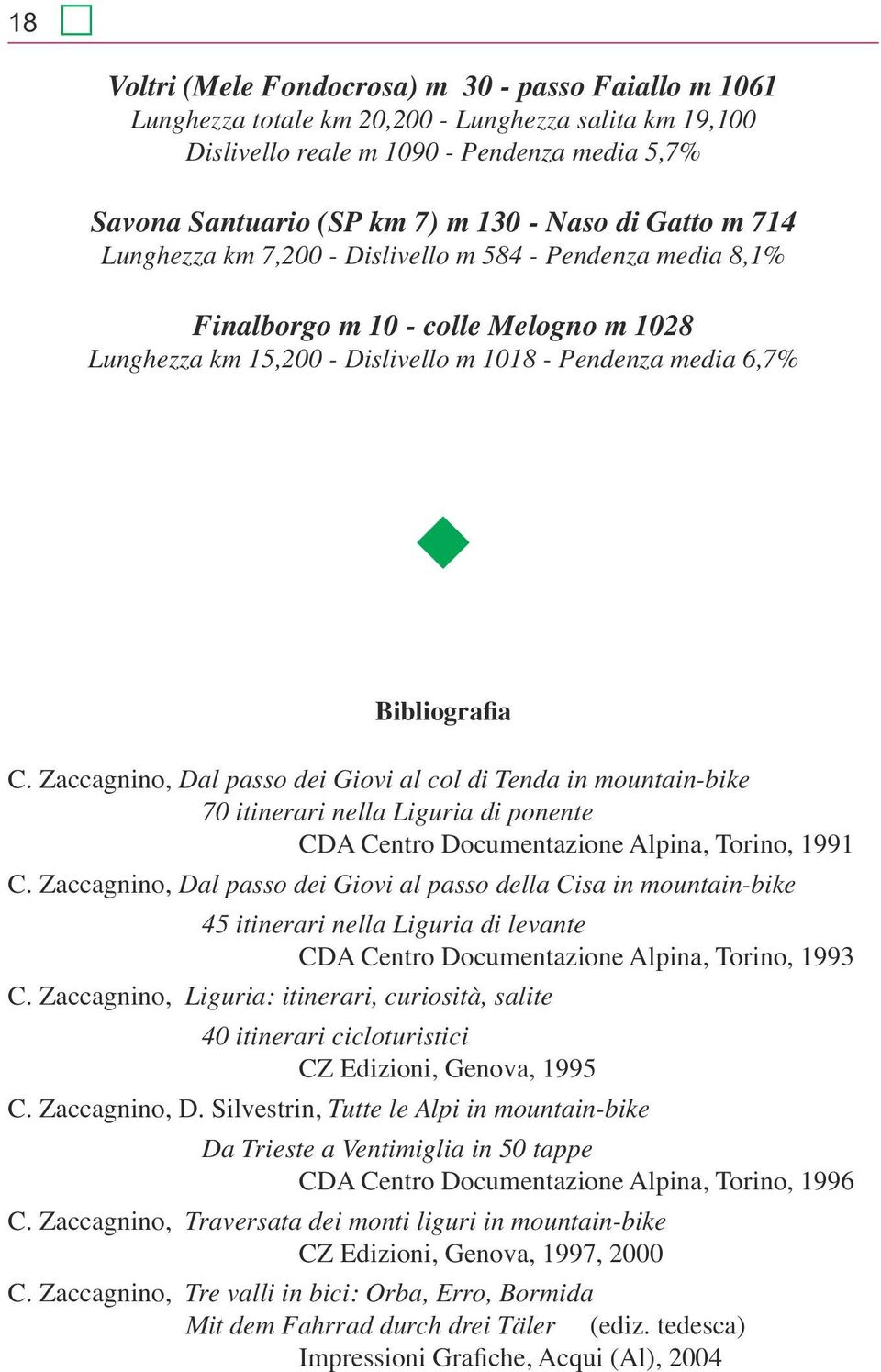 Zaccagnino, Dal passo dei Giovi al col di Tenda in mountain-bike 70 itinerari nella Liguria di ponente CDA Centro Documentazione Alpina, Torino, 1991 C.