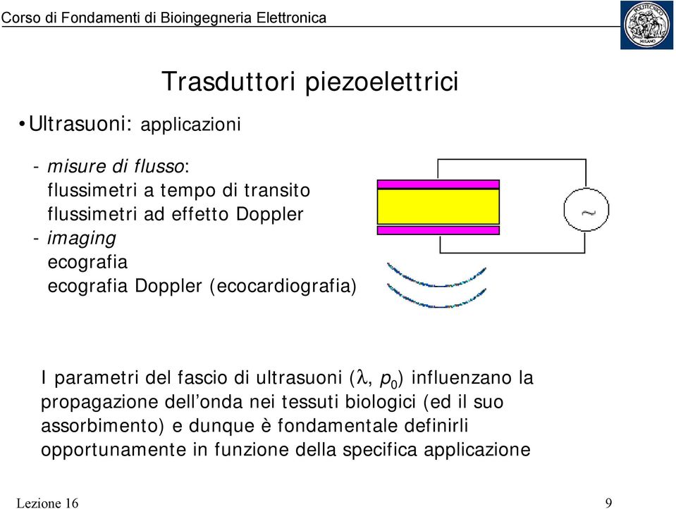 fascio di ultrasuoni (λ, p 0 ) influenzano la propagazione dell onda nei tessuti biologici (ed il suo