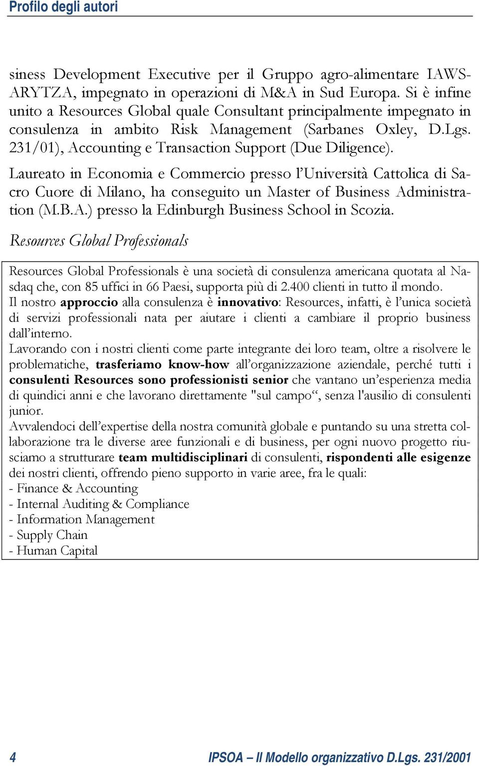 231/01), Accounting e Transaction Support (Due Diligence).