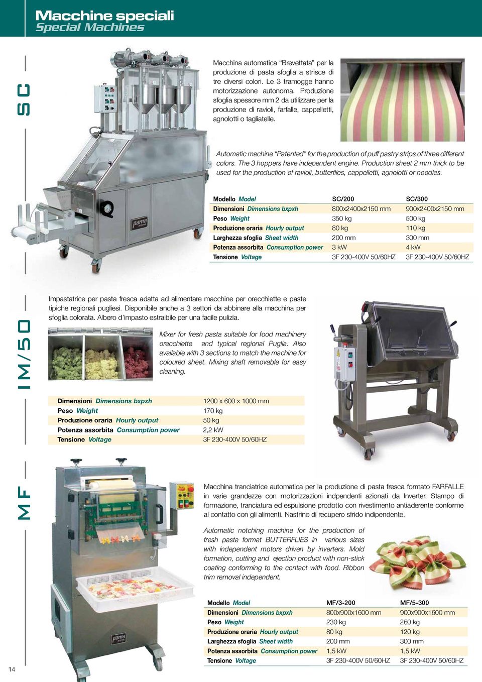 Automatic machine Patented for the production of puff pastry strips of three different colors. The 3 hoppers have independent engine.