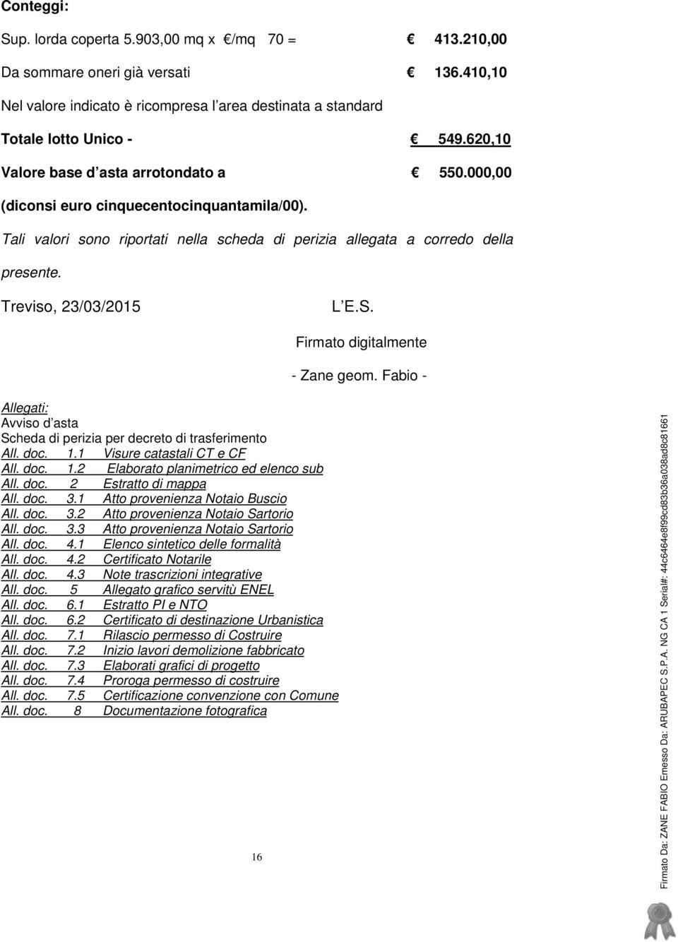 Treviso, 23/03/2015 L E.S. Firmato digitalmente - Zane geom. Fabio - Allegati: Avviso d asta Scheda di perizia per decreto di trasferimento All. doc. 1.1 Visure catastali CT e CF All. doc. 1.2 Elaborato planimetrico ed elenco sub All.