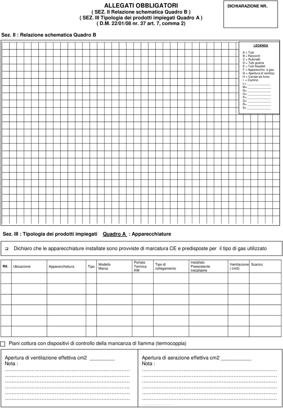 H = Canale da fumo I = Camino L= M= N= O= P= Q= R= S= Quadro A : Apparecchiature Dichiaro che le apparecchiature installate sono provviste di marcatura CE e predisposte per il tipo di gas