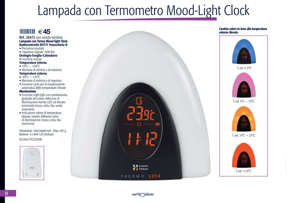 interna -10 C ~ +50 C Memoria di minima e di massima Temperatura esterna -50 C ~ +70 C Memoria di minima e di massima Funzione cycle per la visualizzazione automatica delle temperature rilevate