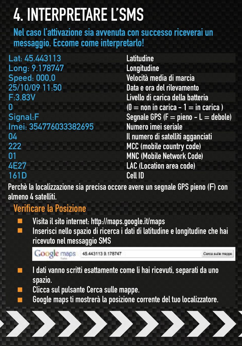 83V Livello di carica della batteria 0 (0 = non in carica - 1 = in carica ) Signal:F Segnale GPS (F = pieno - L = debole) Imei: 354776033382695 Numero imei seriale 04 Il numero di satelliti