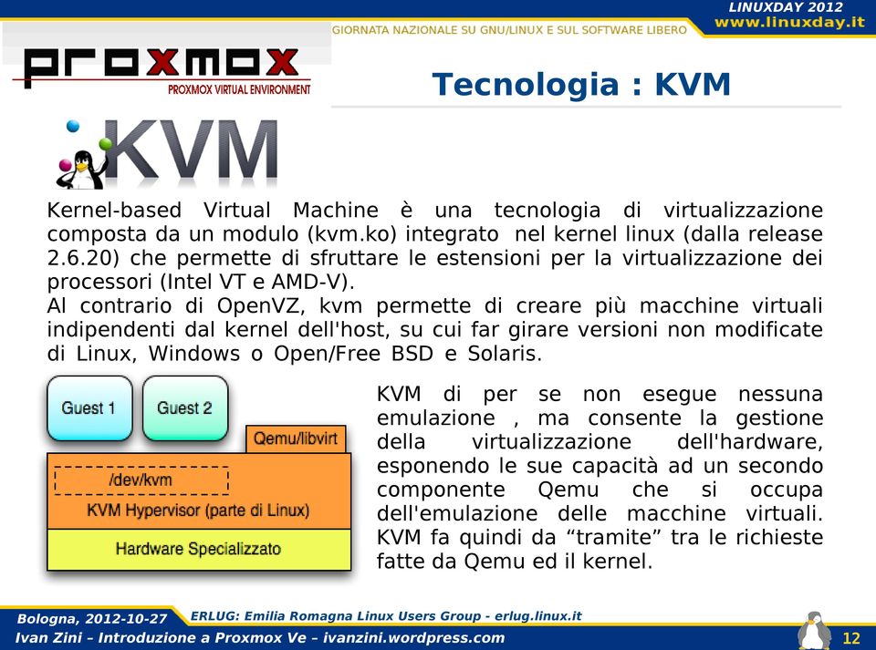 Al contrario di OpenVZ, kvm permette di creare più macchine virtuali indipendenti dal kernel dell'host, su cui far girare versioni non modificate di Linux, Windows o Open/Free BSD e